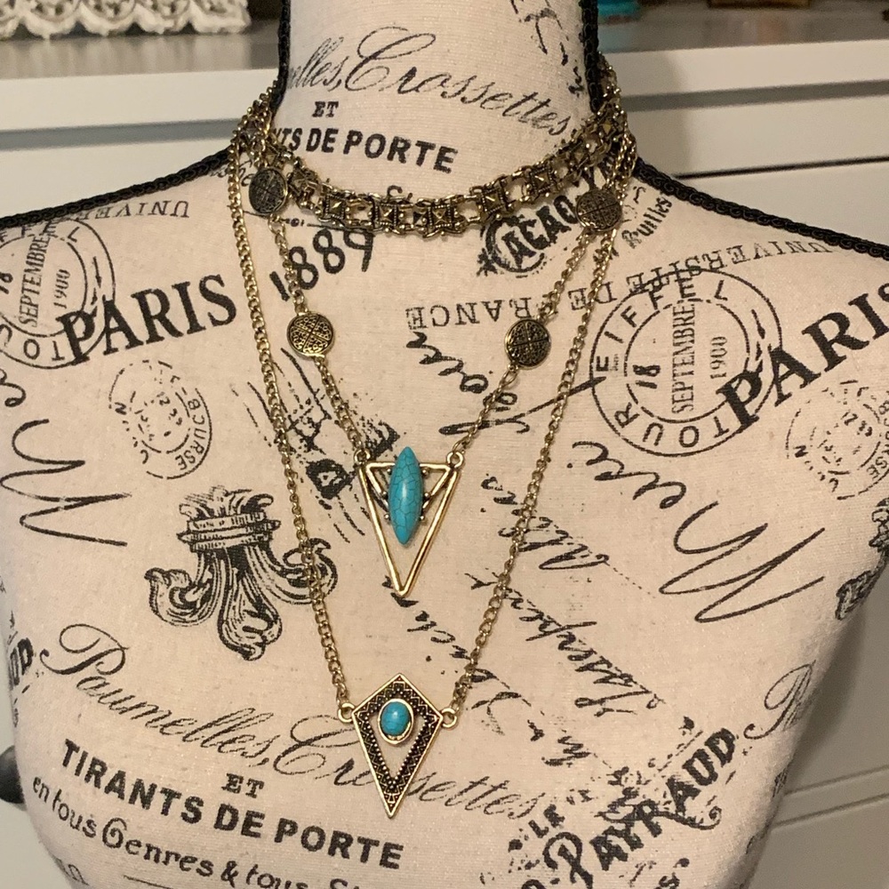 Gold plated and turquoise three tier necklace